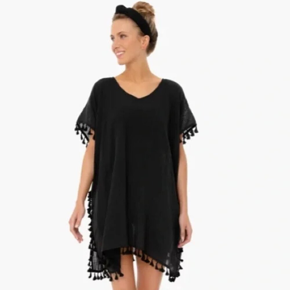 Pomander Place Black Katie Caftan - Beach cover-up / Tunic with Pom-Pom Trim M/L